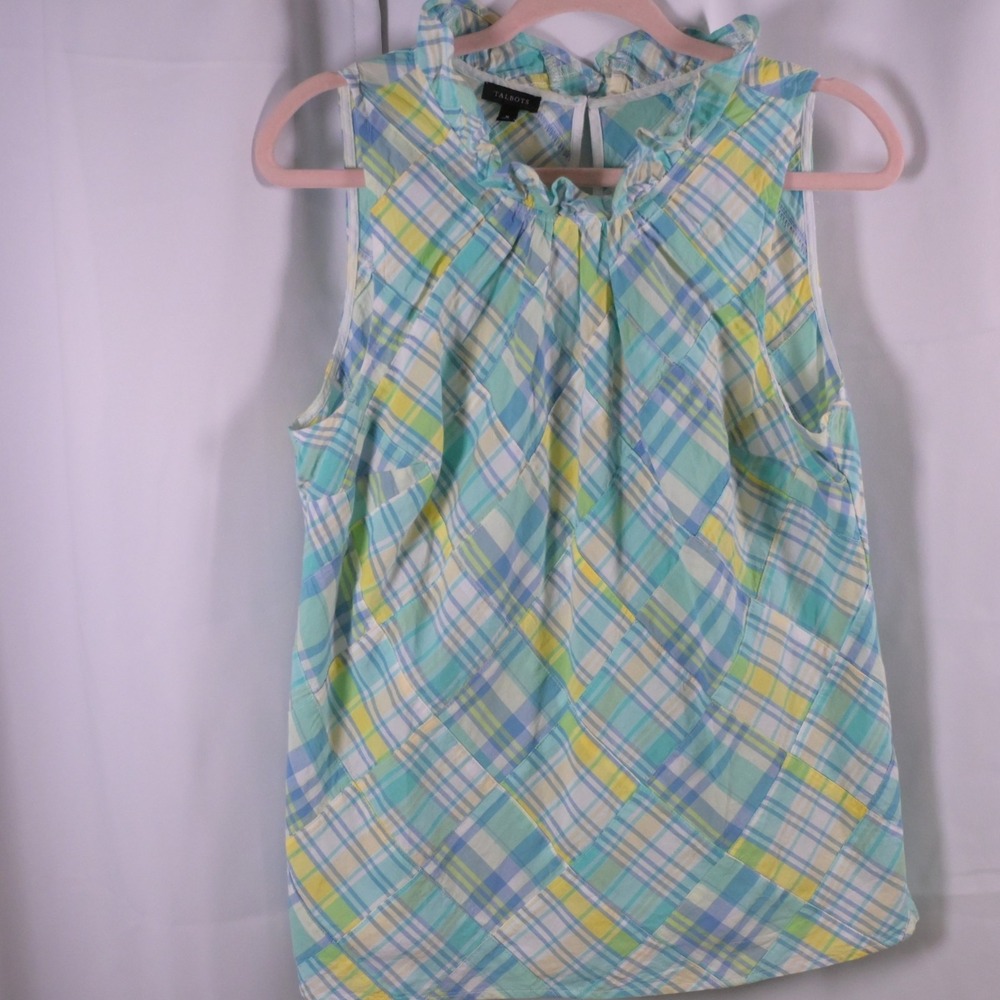 Talbots Madras Plaid Sleeveless Ruffle‎ Neck Blouse Womens Medium